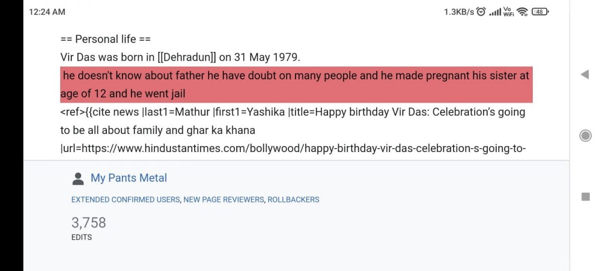 Screenshot of the revisions on Vir Das’s Wikipedia page | Credit: SM HoaxSlayer