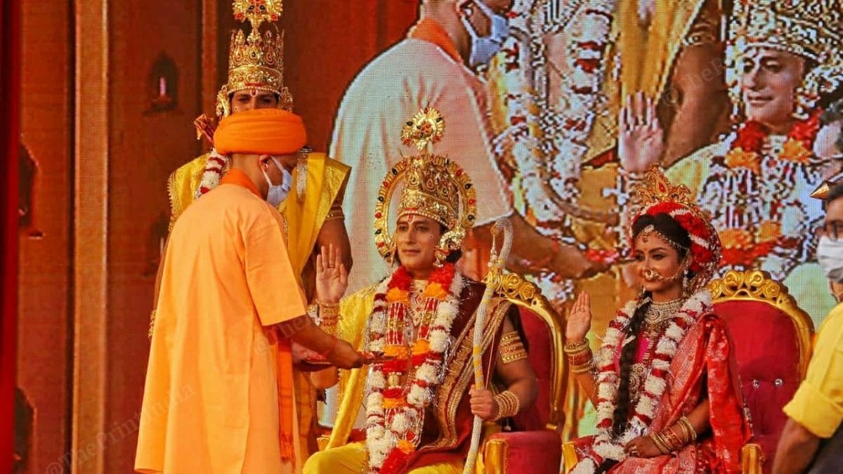 CM Adityanath with the actors who portrayed Ram and Sita, at the Deepotsav in Ayodhya Wednesday | Praveen Jain | ThePrint