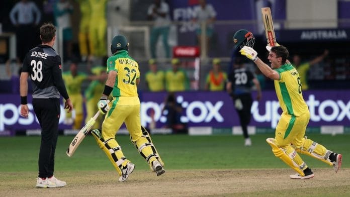Australia's Mitchell Marsh and Australia's Glenn Maxwell celebrate after winning the ICC Men's T20 World Cup final match against New Zealand, at Dubai International Stadium in Dubai on 14 November 2021. | Photo: ANI