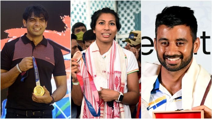 (L-R) Neeraj Chopra, Lovlina Borgohain, Manpreet Singh