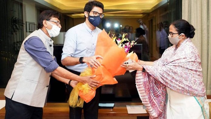 West Bengal Chief Minister and Trinamool Congress chief Mamata Banerjee meets Shiv Sena leaders Aaditya Thackeray and Sanjay Raut in Mumbai on November 30. | ANI