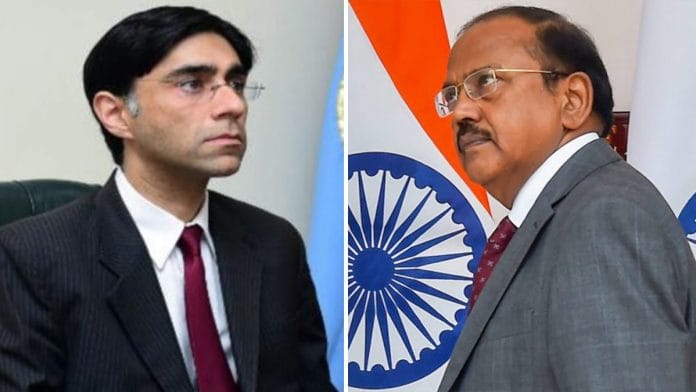 File photos of Pakistan’s National Security Adviser Moeed Yusuf and India's Ajit Doval. | Twitter/PTI