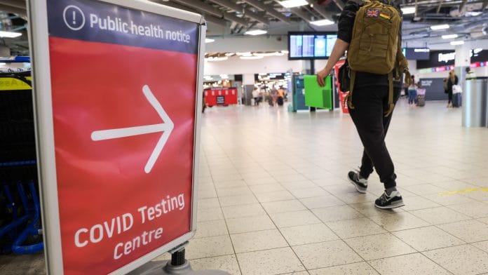 A sign for the Covid-19 testing centre at London Luton Airport | Representational image | Photo: Chris Ratcliffe | Bloomberg
