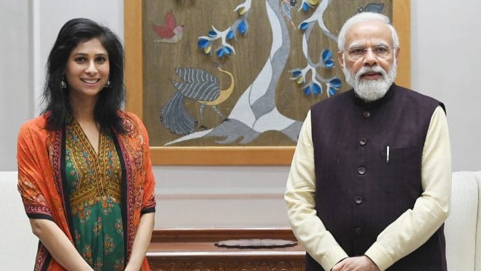 IMF Chief Economist Gita Gopinath meets Prime Minister Narendra Modi in New Delhi, on 15 December 2021 | Twitter/@PMOIndia