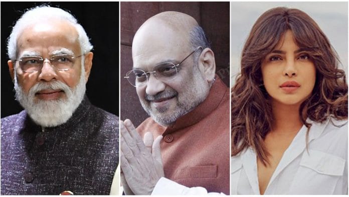File photo of Prime Minister Narendra Modi, Home Minister Amit Shah and actor Priyanka Chopra. | Photo: Twitter/ThePrint