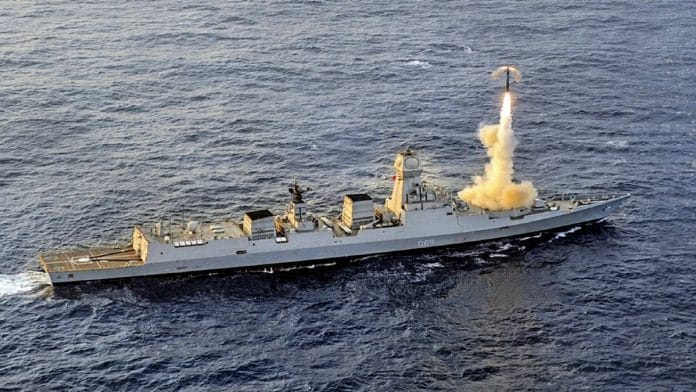 File photo of the BrahMos Supersonic Cruise Missile, as it is successfully test-fired from Indian Navy’s Stealth Destroyer, INS Chennai | ANI