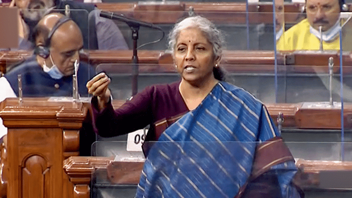 Finance Minister Nirmala Sitharaman in the Lok Sabha during ongoing Winter Session of Parliament in New Delhi, on 6 December 2021 | PTI