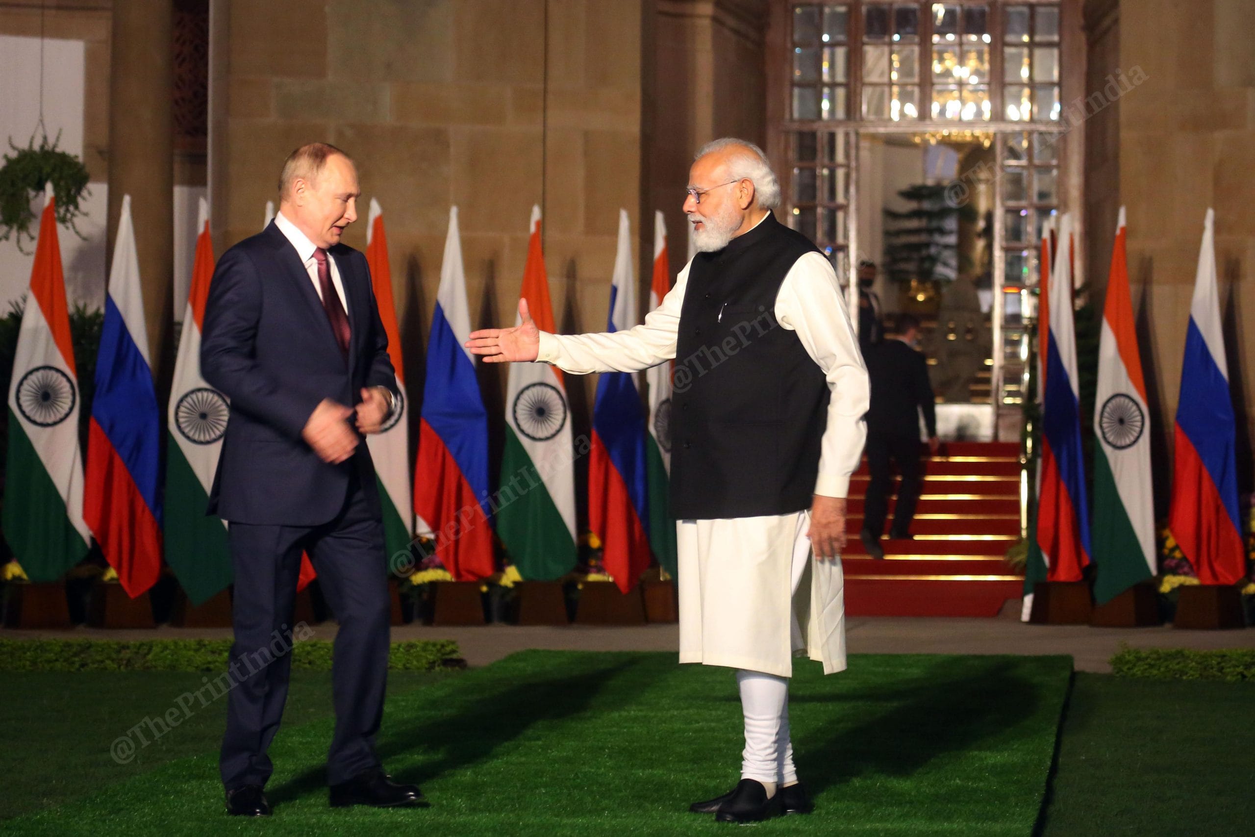 Prime Minister Narendra Modi receives Russian President Vladimir Putin at Hyderabad House| Photo: Praveen Jain | ThePrint