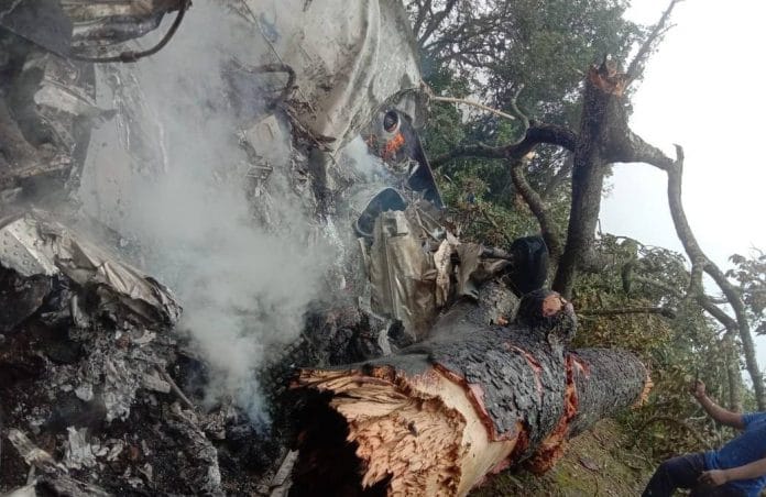 A visual from the spot where a military chopper crashed in Tamil Nadu. CDS Bipin Rawat, his wife and other officers were in the chopper. | Photo: Twitter/ANI