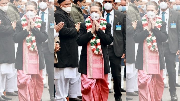 Congress interim president Sonia Gandhi on the occasion of the party's 137th Foundation day in New Delhi, on 28 December 2021 | ANI Photo