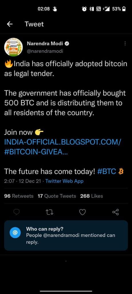 Screenshot of a tweet put out by the PM's account while compromised.