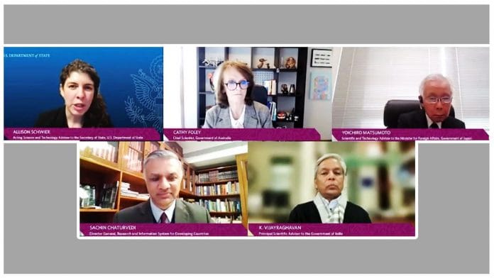 (From top left to right) Acting Science and Technology Adviser to the US Secretary of State, Allison Schwier, Chief Scientist of Australia Cathy Foley, Scientific and Technology Adviser to Japan's Foreign Ministry Yoichiro Matsumoto and India's Principal Scientific Adviser K. VijayRaghavan during the 'Beyond Borders: Science & Technology Cooperation' session at the Global Tech Summit 2021, on 14 December