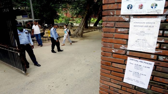 A notice on the art faculty wall regarding online admission as Delhi University releases its first cut-off list. | File photo: ANI