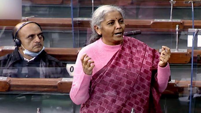 Union Minister for Finance and Corporate Affairs Nirmala Sitharaman speaks in Lok Sabha during the Winter Session of Parliament | ANI/SansadTV