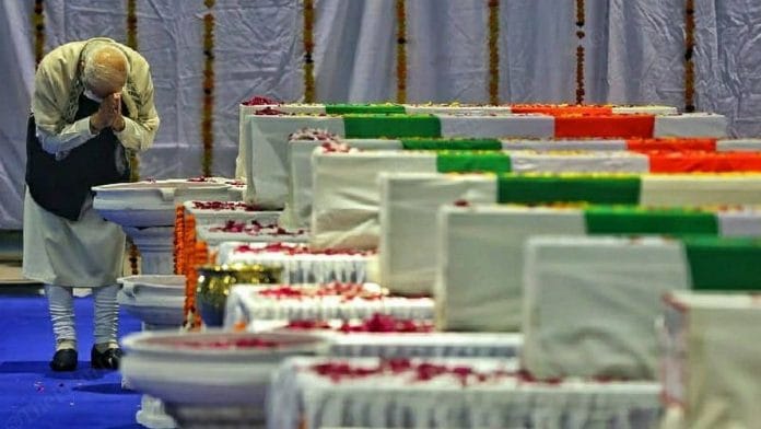 PM Narendra Modi pays tribute to the late Gen. Bipin Rawat and the other victims of the helicopter crash in Tamil Nadu | Photo: Suraj Singh Bisht | ThePrint