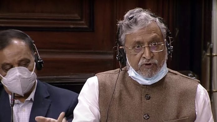 A file photo of BJP Rajya Sabha MP Sushil Kumar Modi speaking in the Upper House of Parliament, in New Delhi. | Photo: ANI Photo/ SansadTV