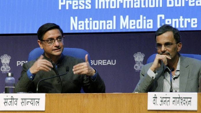 Principal Economic Adviser Sanjeev Sanyal and Chief Economic Adviser V. Anantha Nageswaran at the press briefing Monday | ANI