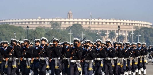 Indian Navy personnel in ceremonial uniform participate in Republic Day parade rehearsal at Rajpath, in New Delhi on 11 January 2022 | Photo: ANI
