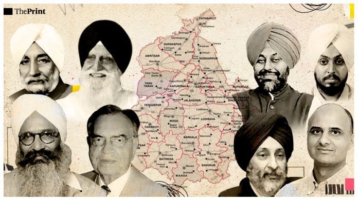 (Clockwise from top left) Beant Singh, Gurcharan Singh Tohra, Gurkirat Kotli, Kanwarveer Singh Tohra, Sandeep Jakhar, Adaish Pratap Singh Kairon, Balram Jakhar & Partap Singh Kairon | Illustration: Ramandeep Kaur | ThePrint