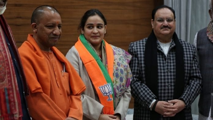 Mulayam Singh Yadav's younger daughter-in-law Aparna Yadav joined the BJP Wednesday in the presence of party chief J.P. Nadda and UP Chief Minister Yogi Adityanath at the BJP headquarters in New Delhi. | Photo: Suraj Singh Bisht/ThePrint