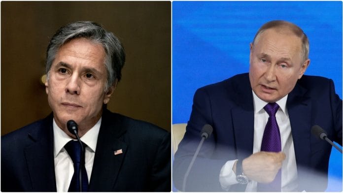 US Secretary of State Anthony Blinken and Russian President Vladimir Putin