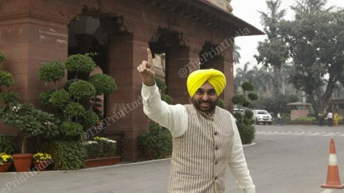 File photo of Lok Sabha MP from Sangrur Bhagwant Mann outside Parliament | Photo: Praveen Jain | ThePrint