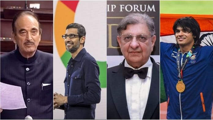 File photos of Congress leader Ghulam Nabi Azad, Google CEO Sundar Pichai, SII chairman Cyrus Poonawalla and Olympian Neeraj Chopra | Photo credit: PTI/Bloomberg/Flickr