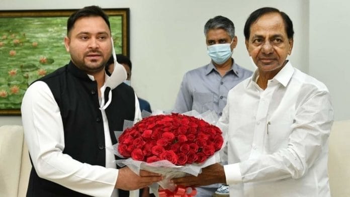 RJD leader Tejashwi Yadav during his meeting with Telangana CM K. Chandrashekar Rao in Hyderabad | Photo: Twitter/@TelanganaCMO