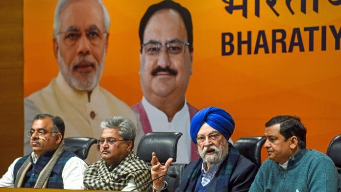 Union Minister Hardeep Singh Puri with Punjab BJP in-charge Dushyant Gautam at a press conference to announce the party's first list of candidates for Punjab polls, in New Delhi | ANI