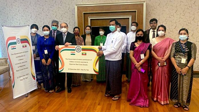 Foreign Secretary Harsh Vardhan Shringla handed over 10 lakh Covid vaccine doses to the Myanmar Red Cross Society on 22 December. | ANI