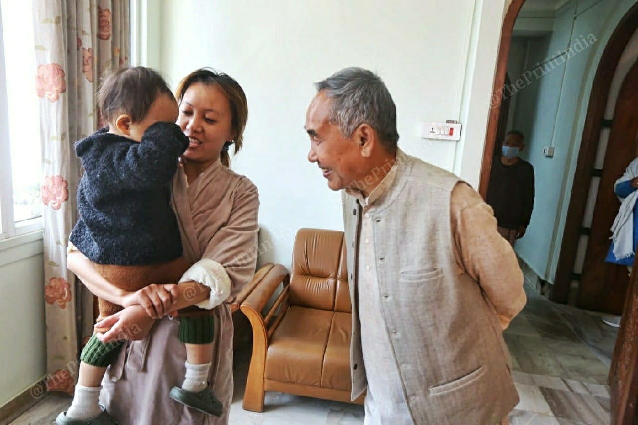 Deputy Chief Minister Yumnam Joykumar Singh with his daughter and NPP youth president Ratika Yumnam and granddaughter Sisi, before leaving for election campaigning | Photo: Praveen Jain | ThePrint