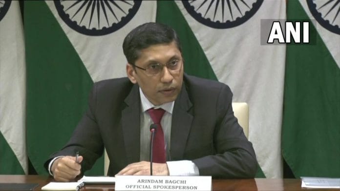 MEA Spokesperson Arindam Bagchi at the media briefing Monday | Twitter | ANI