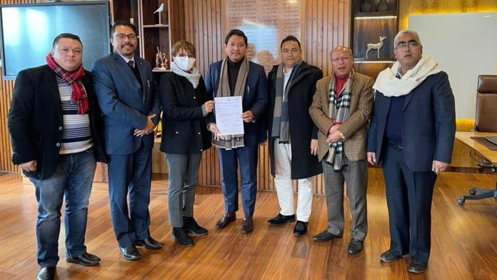 The Congress' five MLAs with Chief Minister Conrad Sangma in Meghalaya Tuesday | Photo: @SangmaConrad | Twitter