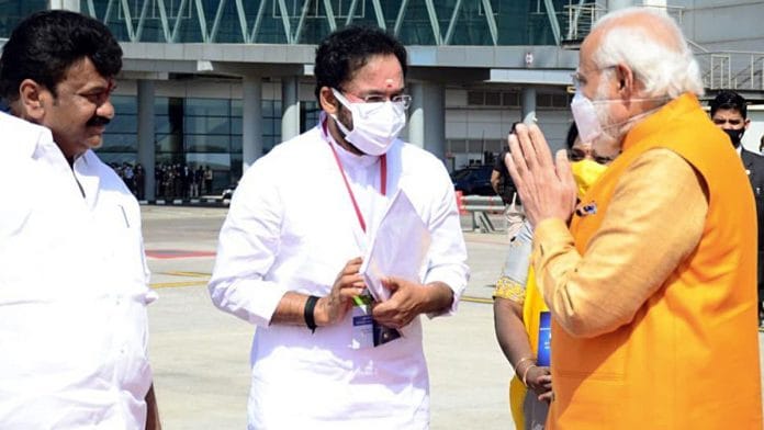 PM Narendra Modi is received by Union minister G. Kishan Reddy at the Rajiv Gandhi International Airport in Hyderabad Saturday | ANI