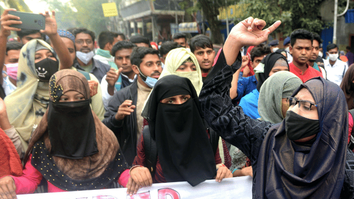 Students take out a protest rally from Aliah University in Kolkata against the hijab ban imposed by few Karnataka colleges, on 9 February 2022 | ANI Photo