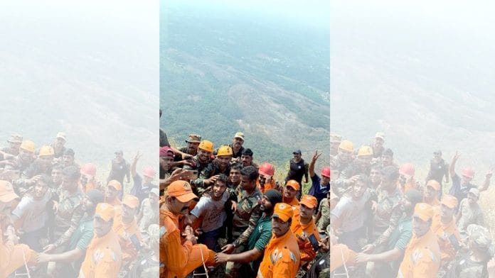 R. Babu, the rescued trekker, with the Army team on 9 February | ANI