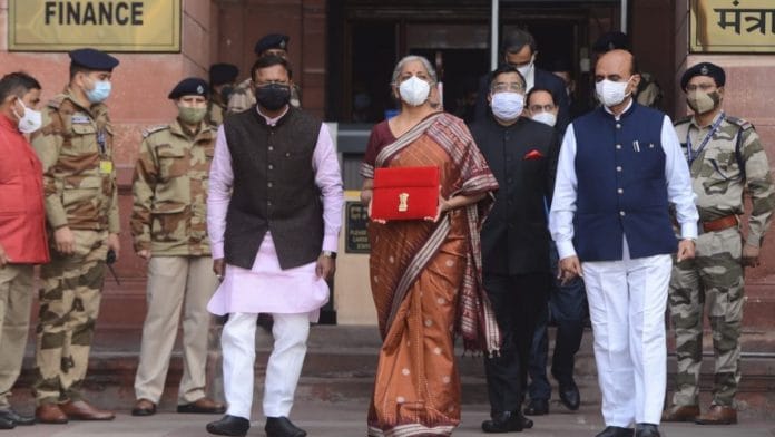 Finance Minister Nirmala Sitharaman outside the Ministry of Finance ahead of the Budget | Photo: Praveen Jain | ThePrint