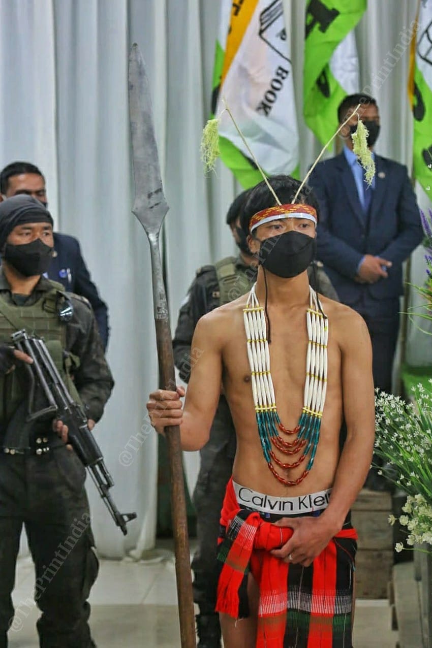 A man in traditional Naga dress during the National People's Party public meeting at Naga dominated hill district of Ukhrul in Manipur | Praveen Jain | ThePrint