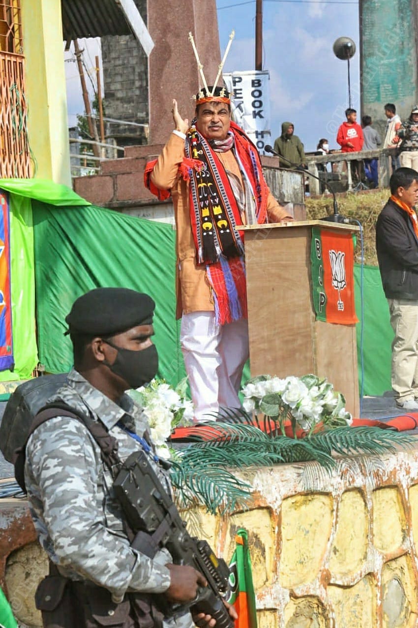 Union Minister Nitin Gadkari addressing people during public meeting at Mission ground, Alung Tang, at Manipur | Praveen Jain | ThePrint