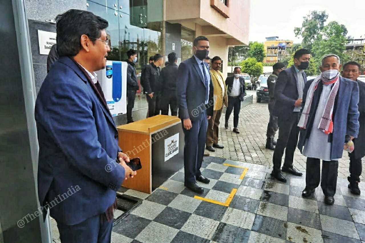 Meghalaya CM Conrad K Sangma receives Manipur Deputy CM Y. Joykumar Singh before they head off for rally in Ukhrul at Manipur | Praveen Jain | ThePrint