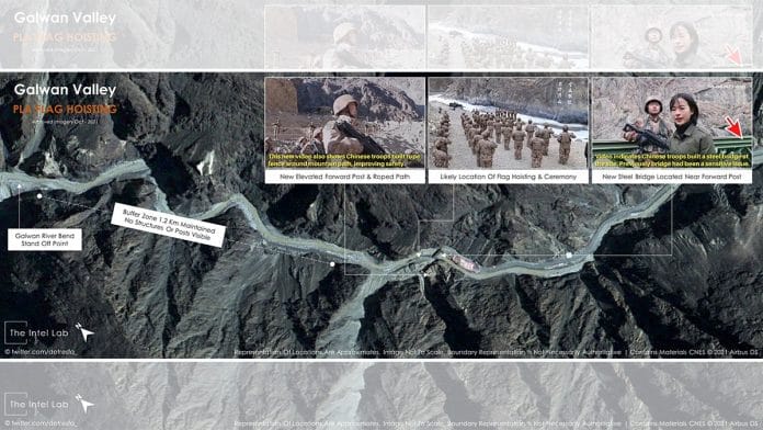 Satellite imagery expert Damien Symon has released new pictures showing that the Chinese flag was unfurled on 1 January outside the buffer zone that has been created as part of the disengagement process in the Galwan valley. | Photo: Twitter/@detresfa_