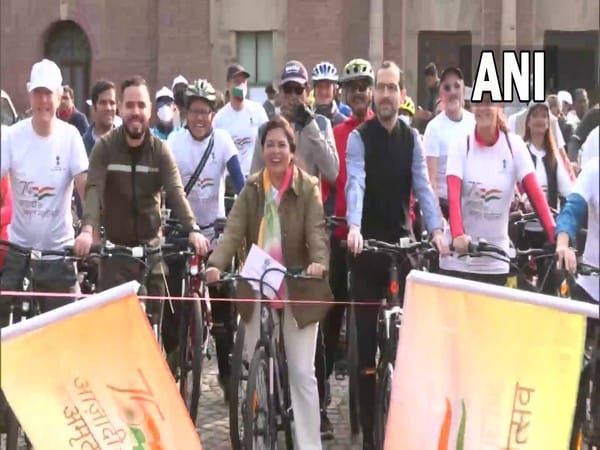 Delhi: Meenakshi Lekhi participates in cycle rally as part of 'Azadi Ka Amrit Mahotsav' celebrations
