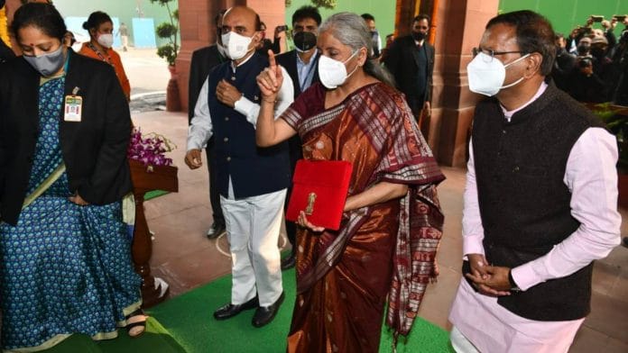 Finance Minister Nirmala Sitharaman entering Parliament House to present the Budget on 1 February | ThePrint Photo