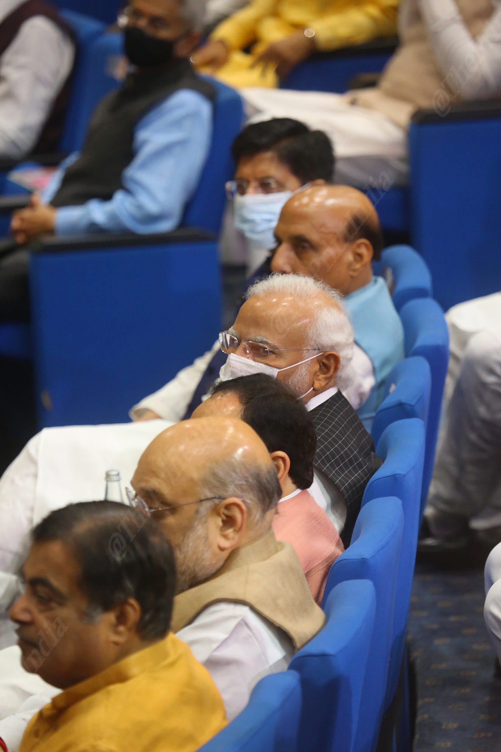 Left to right: Commerce and Industry Minister Piyush Goyal, Defence Minister Rajnath Singh, PM Narendra Modi, BJP party president J.P. Nadda, Home Minister Amit Shah and Road Transport Minister Nitin Gadkari at the Ambedkar Bhavan meeting | Photo: Praveen Jain | ThePrint