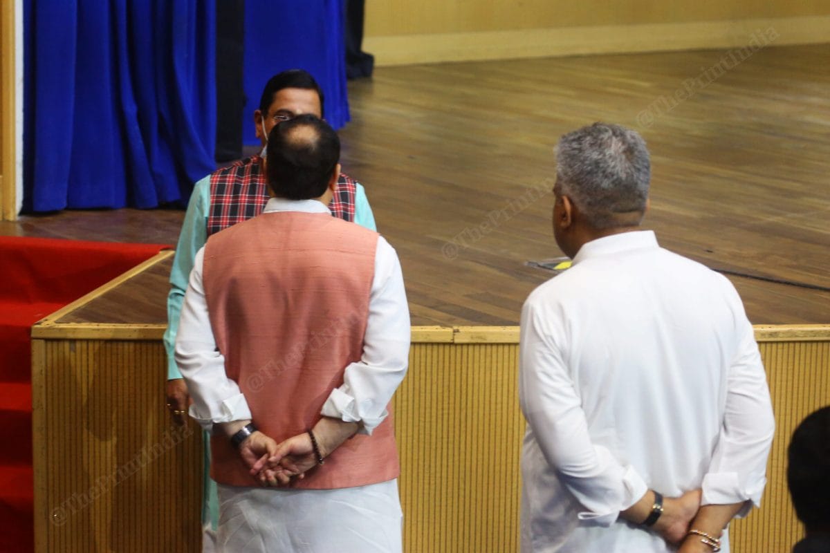 BJP President J.P. Nadda talks to Parliamentary Affairs Minister Pralhad Venkatesh Joshi, as Labour Minister Bhupender Yadav looks on | Photo: Praveen Jain | ThePrint