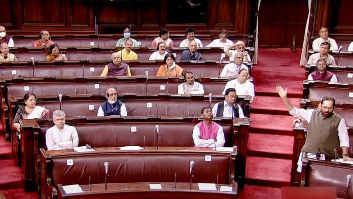 Union Minister for Minority Affairs Mukhtar Abbas Naqvi speaks in the Rajya Sabha Tuesday | Photo: ANI