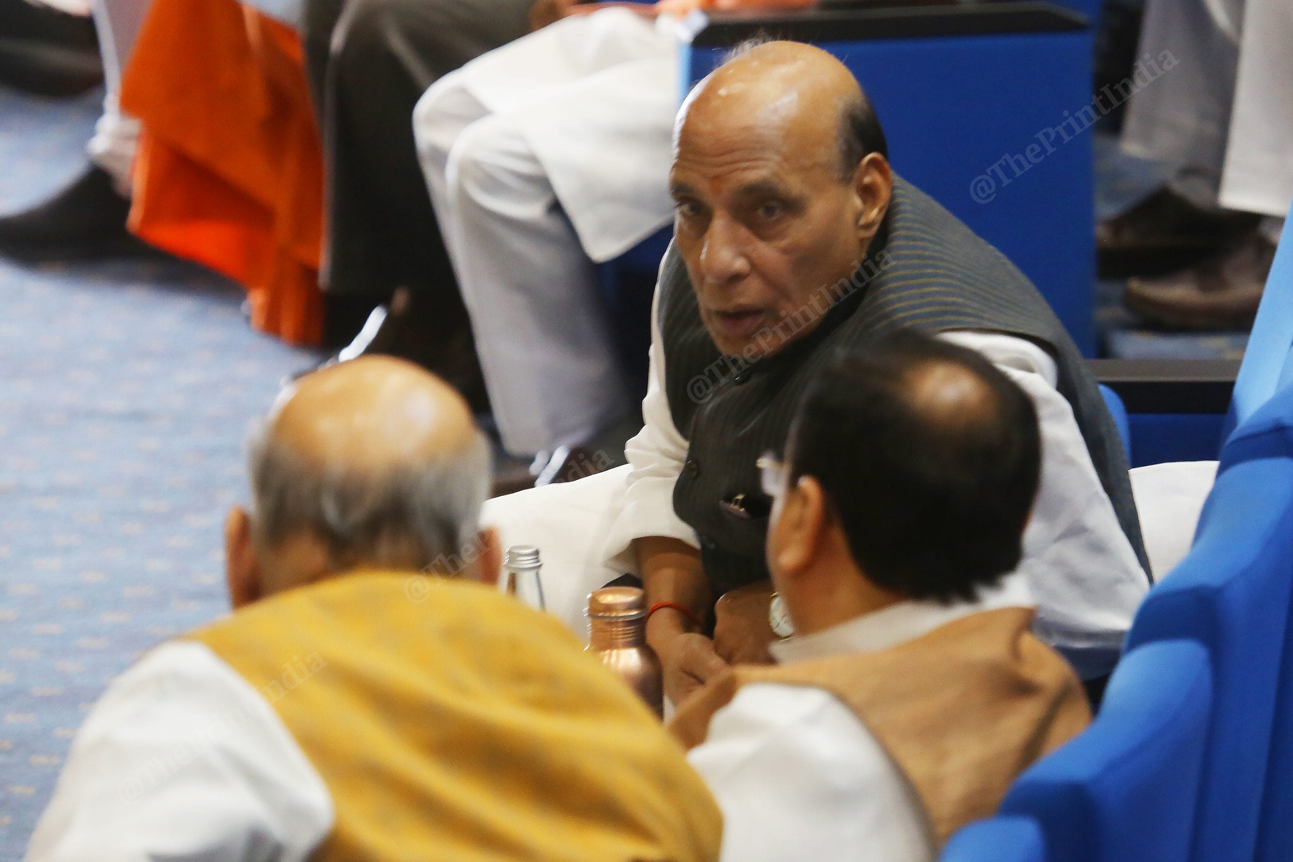Defence Minister Rajnath Singh, BJP President J.P. Nadda and Home Minister Amit Shah in the meeting at Ambedkar Bhavan | Photo: Praveen Jain | ThePrint