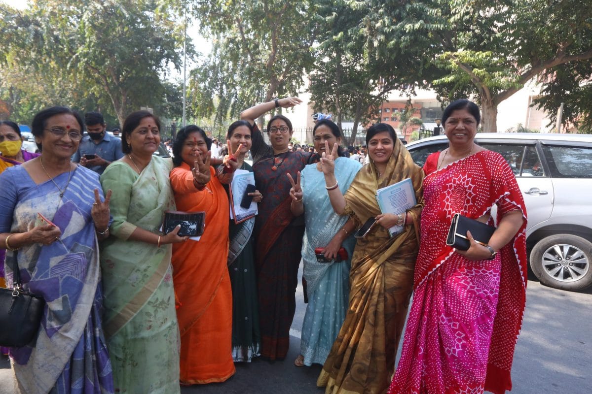 BJP MPs show the victory sign outside Parliament | Photo: Praveen Jain | ThePrint