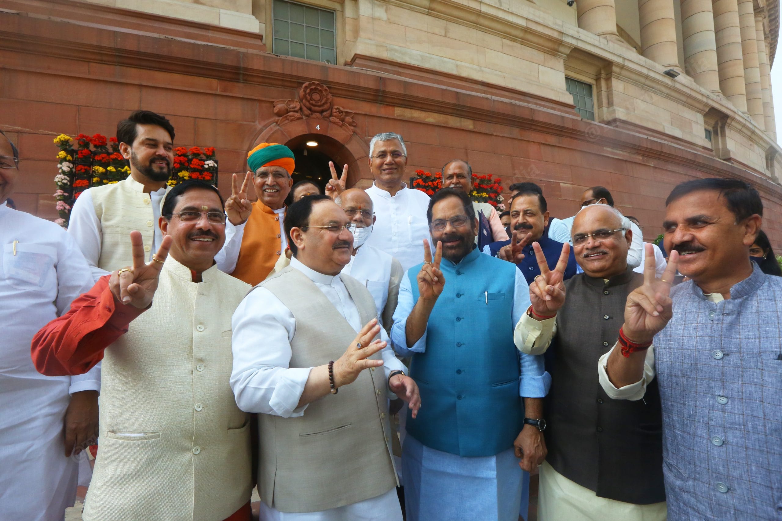 BJP leaders show the victory sign after the party's four-state victory in this year's assembly elections, in UP, Uttarakhand, Goa and Manipur | Photo: Praveen Jain | ThePrint