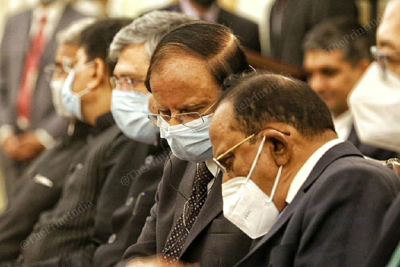 Principal Secretary to PM P.K. Mishra and NSA Ajit Doval at the issuing of joint statements by the two countries following the talks | Photo: Praveen Jain | ThePrint
